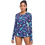 Rashguard für Damen, Sonnenschutz, Schwimm-Shirts, langärmelig, leicht, Garten-Shirts für Outdoor, Tauchen, Wandern, Blaue und violette Dinosaurier, XS