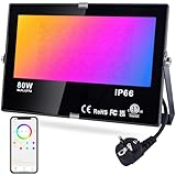 DUSKTEC LED Strahler Außen RGB, Außenstrahler Bunt 80W Smart, Flutlicht Dimmbar Warmweiß Innen, Flutlichtstrahler Outdoor Bluetooth mit Stecker Farbwechsel, Baumstrahler IP66 Wasserdicht für Garten