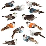 com-four® 12x Dekovogel - künstliche Vögel in 4 bunten Farben - Dekovögel mit Federn und Metall-Clip - Zier-Vogel für Ganzjahresdekoration - Wintervögel - Deko-Federling (12 Stück - Mix-Set 02)