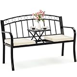 EROMMY Gartenbank mit Klapptisch, 2in1 Sitzbank mit Sitzkissen, Metall Balkonbank für Garten, Park, Balkon,Flur, 125B*57T*83.5H cm