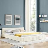 Einzelbett, Kinderbett mit Samtweichem Chenille - Bezug, Aus Ökologischem Eukalyptusholz und Stabiler Eisenrahmen, Einfache Montage (ohne Matratze) (Beige, 160 * 200cm)