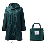 Regenjacke Damen Lang Wasserdicht Regenmantel Faltbar Regencape Jacke Outdoorjacke Tragbarer Regenponcho Trenchcoat Outdoor Mantel Funktionsjacke Windbreaker Packbar Übergangsjacke mit Kapuze (Grün)