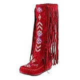 Kletterschuhe Damen Stiefel Gummi Stiefel Stiefel Stil Frauen Heels Fringe Flock Chinesische Stiefel Stiefel Hohe Lange Flache Quaste Nation Mode Knie Kletterschuhe Damen Stiefel Gummi (Red, 42)