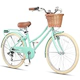 Glerc Missy 24“ Zoll Mädchen Cruiser Kinder Fahrrad 6-Gang Teen Hybrid City Fahrrad für Jugendliche im Alter von 12 13 14 15 16 Jahren mit Weidenkorb & Leichtgewicht, Mintgrün