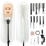 Trainingsköpfe, 28 inch Übungskopf Frisierkopf Friseur 100% Synthetikfaser-Haar Styling Kopf Frisierkopf für Frisöre mit kostenloser Klemme und DIY Flechtset (Weiß)