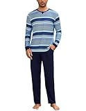 Bresdk Schlafanzug Herren Lang Winter Baumwolle Pyjama Herren Lang mit Rundhalsausschnitt Zweiteiliger Pyjama Set Marineblau + Hellblau L