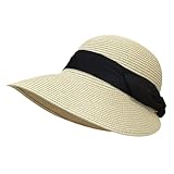 Feelorna Damen Strohhut, UV-Schutz Strohhut mit Breite Krempe Atmungsaktiv Strandhut Faltbarer Sommerhut für Reise Urlaub (DE/NL/SE/PL, Alphanumerisch, Einheitsgröße, Beige)
