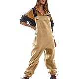 Damen-Overall aus flauschigem Fleece, lockere Passform, Overall, Winter, Sherpa-Strampler, flauschige Skihose, Latzhose mit Taschen, #04 Khaki, Large