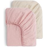 Yoofoss Baby Spannbettlaken 2er Pack 100% Musselin-Baumwolle 55x90 cm Matratzenschoner für Laufgitter Weich Spannbettlaken Bettlaken Beistellbett für Babybett Kinderbett Kinderwagen- Beige