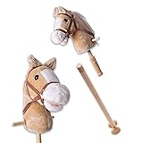 TE-Trend Steckenpferd Kinder Stockpferd Hobby Horse Steckpferd 2-teilig 96 cm Steckenpferd mit Sound Stiel Pferd mit Rollen Beige