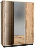 Generisch Kleiderschrank Lamelo LA15 Schrank 3 türiger Drehtürenschrank 145cm 2 Schubladen