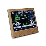 MOOOV 477534 Wetterstation für den Innenbereich mit Außensensor – Temperatur, Luftfeuchtigkeit, Mondphasen, Meteo-Vorhersage – Weckfunktion – Holzoptik – Braun