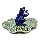 BestySuperStore Kleiner 5,1 cm hoher dunkelblauer Frosch auf 10,2 cm breitem Lotusblatt-Räucherstäbchenhalter – Keramik-Räucherstäbchen, Aschenbecher, Porzellan, Miniatur, handgefertigt, Tierfigur,