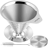 FOXAS Pour Over Kaffeefilter, Wiederverwendbare Edelstahl Dauer Kaffeefilter, Papierlose Permanent Kaffeesiebe, Metallkegel- Kaffeefilter mit Sockel und Reinigungsbürsten