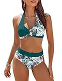 AI'MAGE Damen Zweiteiliger Badeanzug V-Ausschnitt Blumenmuster Bikini Bademode Bauchkontrolle Bikini Sets, Grün, S
