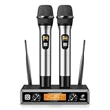 TONOR Wireless Funkmikrofon UHF Professionelles dynamisches drahtloses Dual Mikrofon, Handmikrofonsystem, Heim-KTV-Set für Karaoke, Party, DJ, Kirche, Hochzeit, Meeting, 60 Meter, TW820, Silber