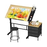 Dripex Zeichentisch 0-60° Neigbar Architektentisch Verstellbarer Tischplatte Höhenverstellbar Arbeitstisch Zeichnung Computertisch mit Hocker und Schließfächern für Office und Home Holzfarbe