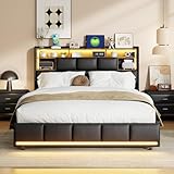 EZSSW Multifunktions-Boxspringbett 140x200 mit Lattenrost – Schwarzes PU-Lederbett mit RGB-LED, USB-Ladeanschluss, Hydraulik-Stauraum, Metallgestell | einfache Montage (Schwarz, 140 x 200 cm)