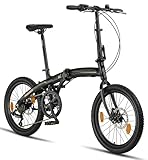 Licorne Bike Phoenix 2D Cross 20 Zoll Aluminium Faltrad Klapprad Scheibenbremse Discbremse Faltfahrrad Herren Damen 7 Gang Kettenschaltung Folding City Bike Alu-Rahmen (Spoke Wheels, Schwarz/Gold)