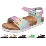 Torotto Kinder Sandalen Mit Kork Sandaletten Jungen Mädchen Strandsandalen Riemen Verstellbare Schnalle Rutschfeste mit Klettverschluss Riemchensandalen für Drinnen und Draußen(Regenbogen, 35EU)