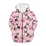 QWEFVB Leichter Kinder-Kapuzenpullover mit Reißverschluss für Mädchen von 6–16 Jahren, mit Taschen, Hunde-Aufdruck, Rosa Blume Schmetterling Mops, L