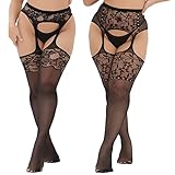 MANZI 2 Paar Strapstrümpfe für Damen Große Größen Sexy Muster Strumpfhosen Elastisch Schwarz Halterlose Netzstrümpfe,Flower & Irregular