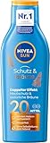 NIVEA SUN Schutz & Bräune Sonnencreme LSF 20 (200 ml), Sonnenmilch mit Pro-Melanin-Extrakt für eine ebenmäßige Bräune, sofortiger Sonnenschutz mit UVA/UVB-Filtersystem