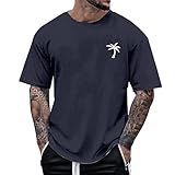 Oversize Herren T-Shirt Sommer Rundhals Kurzarm Palm Baum Print Baumwollhemd Basic Bodybuilding Bequeme Passform Hawaiian Beach Herren T-Shirt, 02 Marine, 56