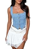 Achlibe Damen Denim Tank Tops Slim Fit Square Neck Rückenfrei Ärmellos Button Down Crop Tops Jeans Weste Korsett Top, A-Blau, 36