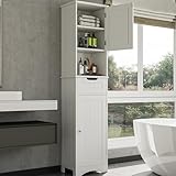 Bealife Hochschrank Badezimmer, Badschrank mit verstellbaren Regalen, Badezimmerschrank mit offenem Fach, Schublade und Türen für Badezimmer, Wohnzimmer, Schlafzimmer (Weiß)