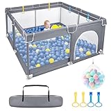 FIVMEN Laufstall Baby 127x127 cm Laufgitter Bällebad mit 50 Bällen, Atmungsaktivem Netz und 4 Zugringen Baby Playpen Aktivitätszentrum Absperrgitter Schutzgitter, Grau
