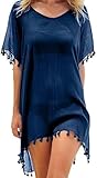 Hanaoops Damen Strandkleid Sommer Strandponcho Bikin Badeanzug Cover Up Strandtunika Strandurlaub Pareos Strandkleider Beachwear mit Quasten