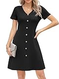 Missufe Sommerkleid A Linien Swing Strickkleid Damen V-Ausschnitt Kurzarm Freizeitkleid mit Knöpfen (schwarz, groß)