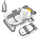 Faltbar Baby Badewanne, Babybadewanne mit Stützkissen Sitzmatte, Baby Bathtub Babywanne Mit Baby Badewannensitz & Badethermometer, Babywanne für Neugeborene Kleinkinder Geburtsgeschenke (grau)