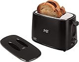 Jata TT631 Schwarzer Toaster mit Schutzkappe und zwei extra breiten Schlitzen, mit elektronischem Roastschalter, 6 Positionen, Körper kalt, Krümelauffang, Schwarz