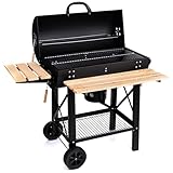 Lehmann LGACG-1935 Holzkohlegrill mit Grillrost XL, Deckel und Rädern, Grillwagen mit zwei Holzablagen und nicht wärmender Griff, Kohlegrill für Garten, Terrasse, Camping