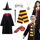 Zauberer Cosplay Kostüm, 7 Pcs Magier Robe für Kinder mit Umhang, Hut, Zauberstab, Krawatte, Schal, Halskette und Brille, Unisex Uniform für Jungen Mädchen Halloween Karneval Cosplay Kostüme, 135 CM