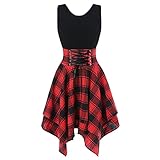 Kleider für Damen, modisch, ärmellos, schulterfrei, kariert, unregelmäßig, Sommerkleider, rot, M