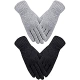 SATINIOR 2 Paar Damen Winterhandschuhe Gestrickte Touchscreen Finger Doppelschichtige Elastische Handschuhe (Schwarz, Hellgrau)