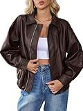 HOUZONIY Damen Lederjacke übergroß Kunstlederjacke Modisch für Herbst und Winter Lange Ärmel Zip Up Mantel