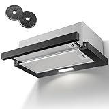 Dunstabzugshaube 60cm Unterbau, 620 m³/h Maximaler Luftstrom, Abluft/Umluft Abzugshaube, Teleskop 3-Schichten Aluminiumfilter, Edelstahl Oberfläche, mit 2 Aktivkohlefilter, Schwarz
