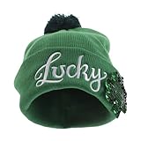 Holibanna Irische Kleeblatt Strickmütze Grün mit Pailletten Bestickt Unisex Winter Bommelmütze Festliches St Patrick's Day Accessoire
