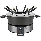 Cloer 6679 Fondue für 8 Personen, beschichteter Aluminiumtopf, inklusive Spritzschutz, 8 farbig markierte Gabeln 1,5 Liter, 1000 W, silber, schwarz