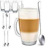 6 Latte Macchiato Gläser mit Henkel und Löffel - 300ml - Hält lange warm - Ideale Größe für Kaffeevollautomaten - Spülmaschinenfest