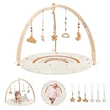 Spielbogen Baby aus Holz, Baby Krabbeldecke, Baby Spielmatte mit 6 Abnehmbar Interaktive Montessori Sensorik Spielzeug, Spieldecke für Babys und Kleinkinder 0-36 Monate, Geschenk für Neugeborene