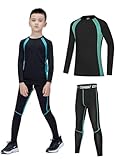 Echinodon Jungen Sportunterwäschemit Fleecefutter Kinder Fußball Funktionsunterwäsche Set für Fitness Running Fußballtraining Basketball Grün L
