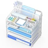 OrgMate Schreibtisch-Organizer mit 5 Etagen, multifunktional, mit 3 Stifthaltern und 5 verstellbaren Ablagefächern für Bürobedarf, Akten und Post, platzsparender Schreibtisch-Organizer, Weiß