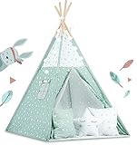 Nukido Tipi Zelt für Kinder Teepee Girlande Kissen - Zelt - Kinderzelt - Kinderspielhaus - Spielzelt - Kinderhaus - Kinderzelt für Drinnen und Draußen - Spielmatte Kinder - Weiß - Grün