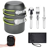 ERBO Camping Kochgeschirr Set, Camping Topf aus Aluminium, Outdoor Kochgeschirr mit Faltbare Besteck, Campinggeschirr 2 Personen, Camping Geschirr für Wandern Angeln Picknick, FDA Zertifiziert (Grün)