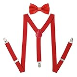 PONCEAU 2 Set Hosenträger und Fliege für Herren und Damen，2.5 cm breiter Hosenträger Herren in Y-Form Elastisch und Verstellbar mit Farblich Passender Fliege 12 x 7 cm